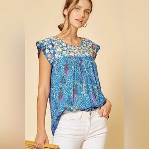 Savane Blue Floral Cap-Sleeve Top with Contrasting Yoke